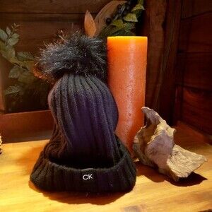Calvin Kline Black Ribbed Knit Cap with Pom Pom
